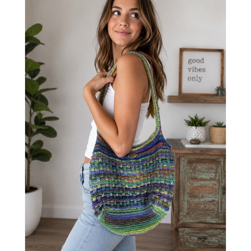 Handmade Knit Hobo Shoulder Bag Multi Color Variegated Boho Tote Bag